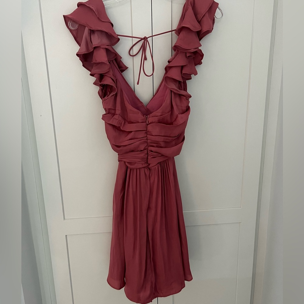 Saints + Sinners rose color ruffle shoulder ruched mini dress in size Medium - Picture 5 of 9